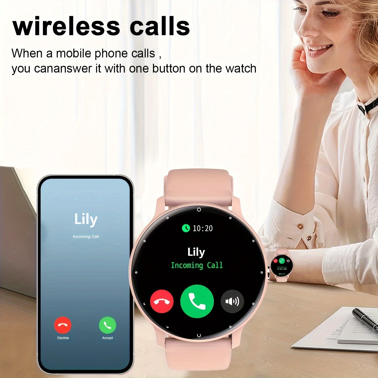 [Smart Watch] Round smart watch, wireless charging lithium battery 230mAh, silicone strap, plastic shell, with multiple sports modes, call reminder and rejection, SMS reminder, message viewing, wallpaper, compatible with iPhone/Android
