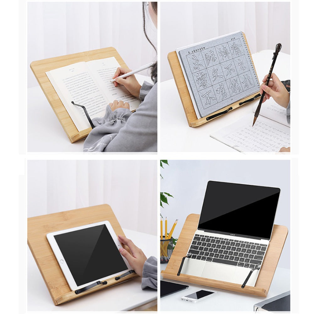 Adjustable Bamboo Book & Tablet Stand with Page Holder - Portable Folding Reading Stand suitable for Cookbooks, E-Readers, Tablets & Textbooks, Angle Settings & Page Clip System, Lightweight Sturdy Bookstand (11x7.9in)
