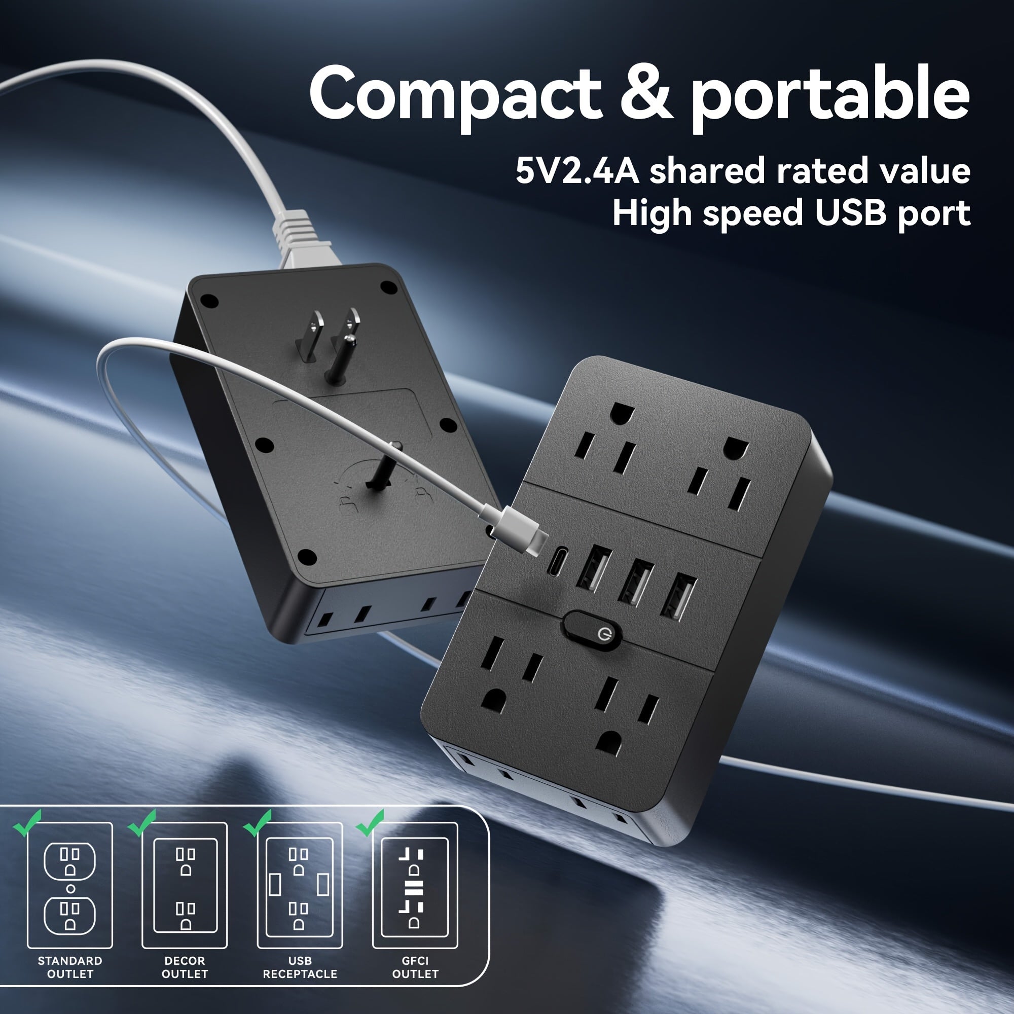 1pc Multi-Outlet Surge Protection Power Strip with Desk Lamp And Clock - 4 AC Outlets with 3 USB-A Ports And 2 USB-C Ports - Power Outlet for Office, Study, Home, And School Use - Power Socket with Overload Protection