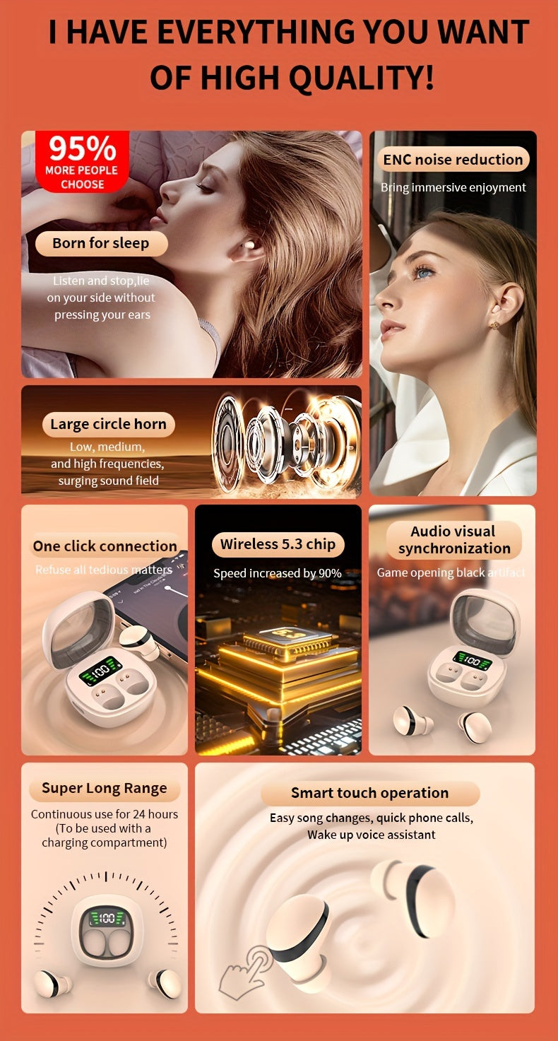 Ultra-small Wireless Earbuds In-Ear Touch Control Mini Wireless Headset With HiFi Stereo Audio, LED Charging Case, Fitness Running Headphones Built-in Mic For Sport/Work/Travel/Sleep