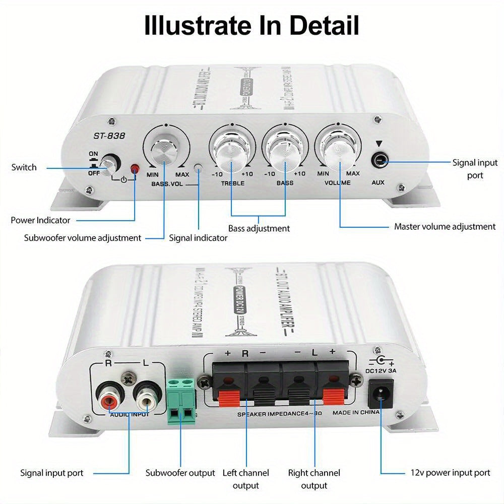ST-838 Car Audio Amplifier 2.1 Channel 400W - 12V Vehicle Sound System Stereo Bass - Aluminum Alloy Housing Easy Installation (Silvery)