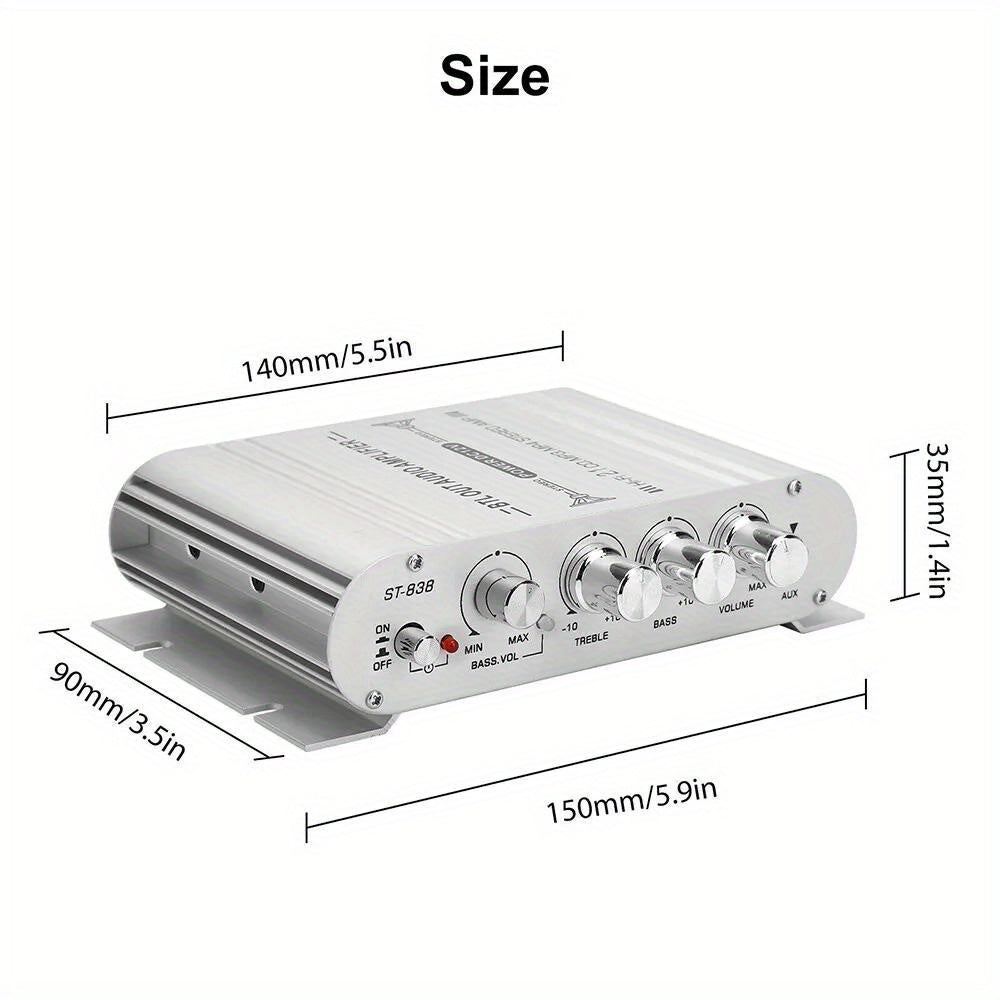 ST-838 Car Audio Amplifier 2.1 Channel 400W - 12V Vehicle Sound System Stereo Bass - Aluminum Alloy Housing Easy Installation (Silvery)