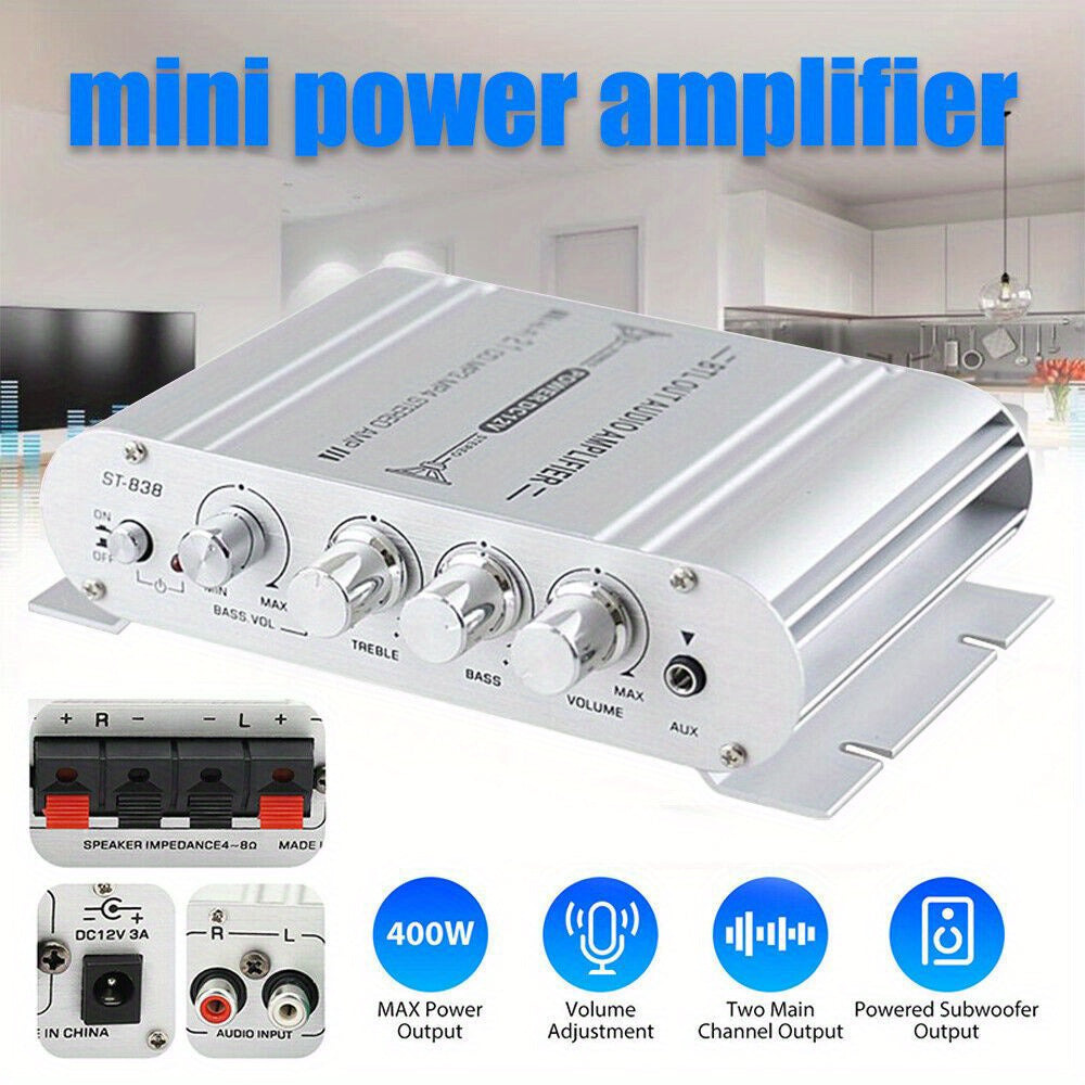 ST-838 Car Audio Amplifier 2.1 Channel 400W - 12V Vehicle Sound System Stereo Bass - Aluminum Alloy Housing Easy Installation (Silvery)