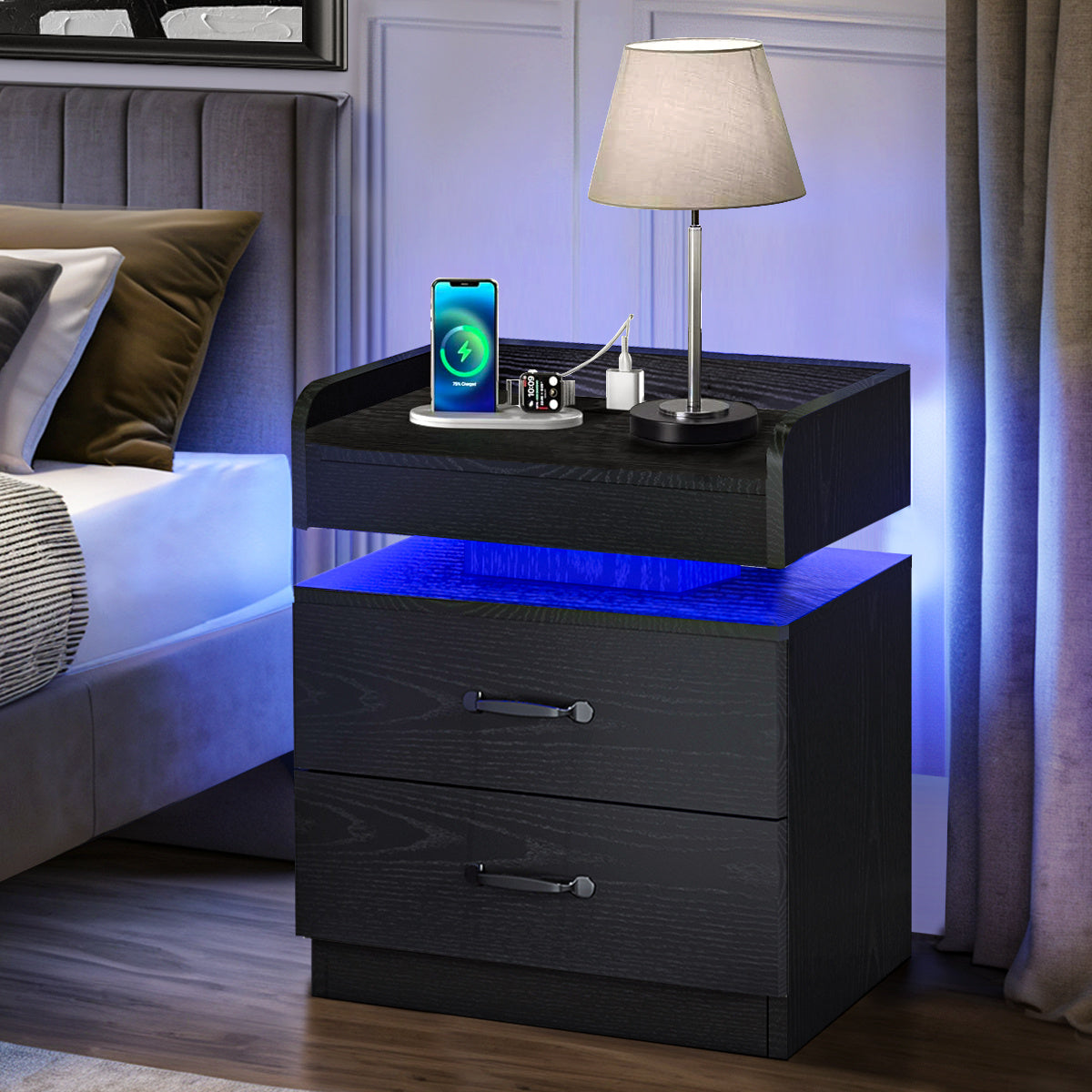 Nightstand with Charging Station & LED Lights, Modern Black Bedside Table, USB-Powered, Space-Saving Storage with Drawers, Compact Design for Small Spaces, Ideal for Bedroom or Living Room Decor
