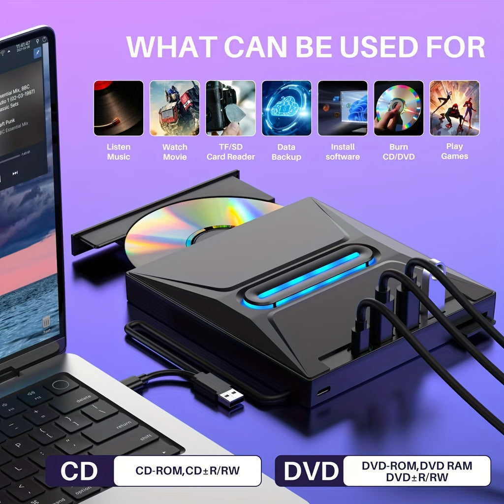 New 8-in-1 Luminous External CD DVD Drive, USB 3.0 Type-C Portable CD/DVD +/-RW Burner Player Hub With 3 USB Ports, TF/SD Card Reader, Compatible With Laptop Desktop PC Windows Linux OS