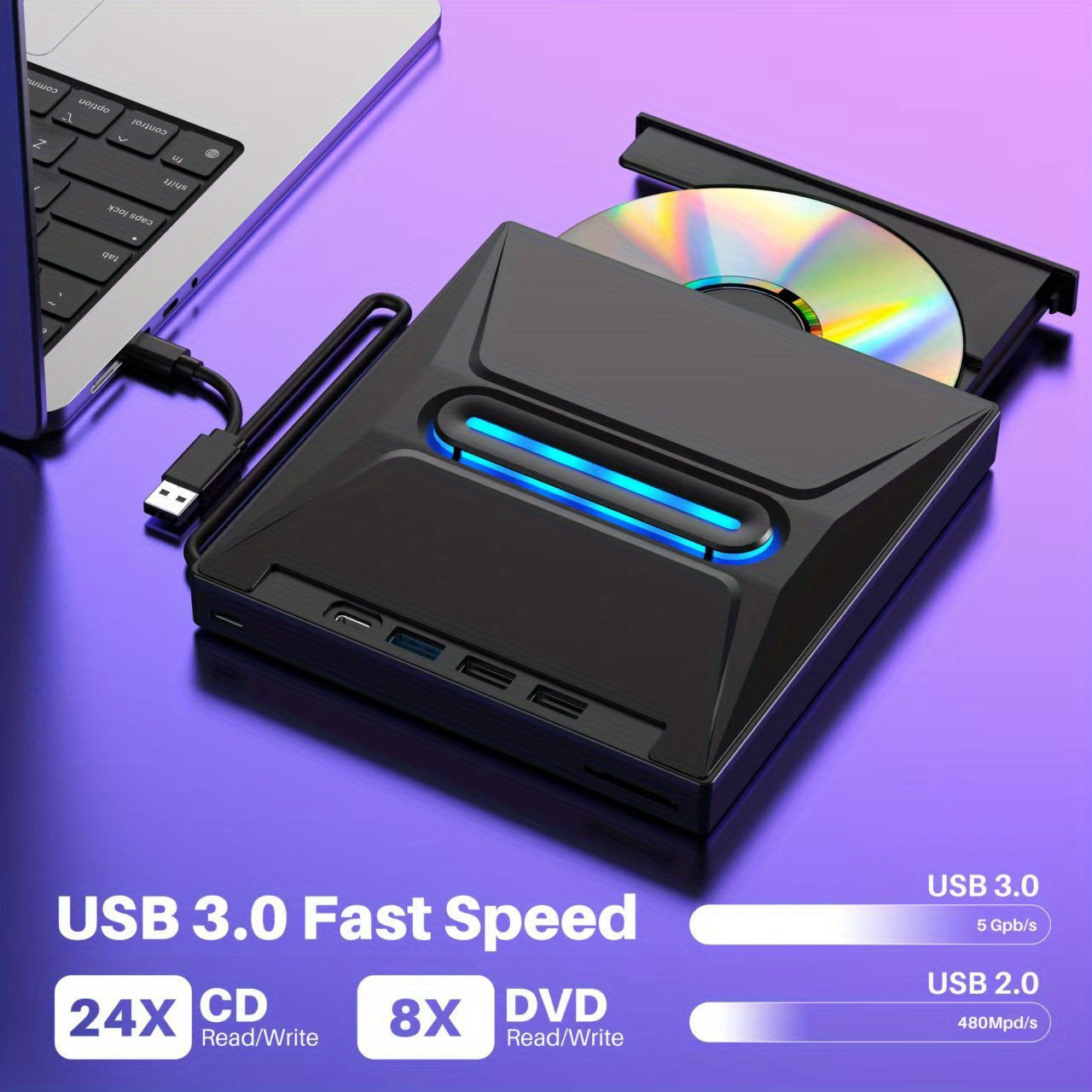 New 8-in-1 Luminous External CD DVD Drive, USB 3.0 Type-C Portable CD/DVD +/-RW Burner Player Hub With 3 USB Ports, TF/SD Card Reader, Compatible With Laptop Desktop PC Windows Linux OS
