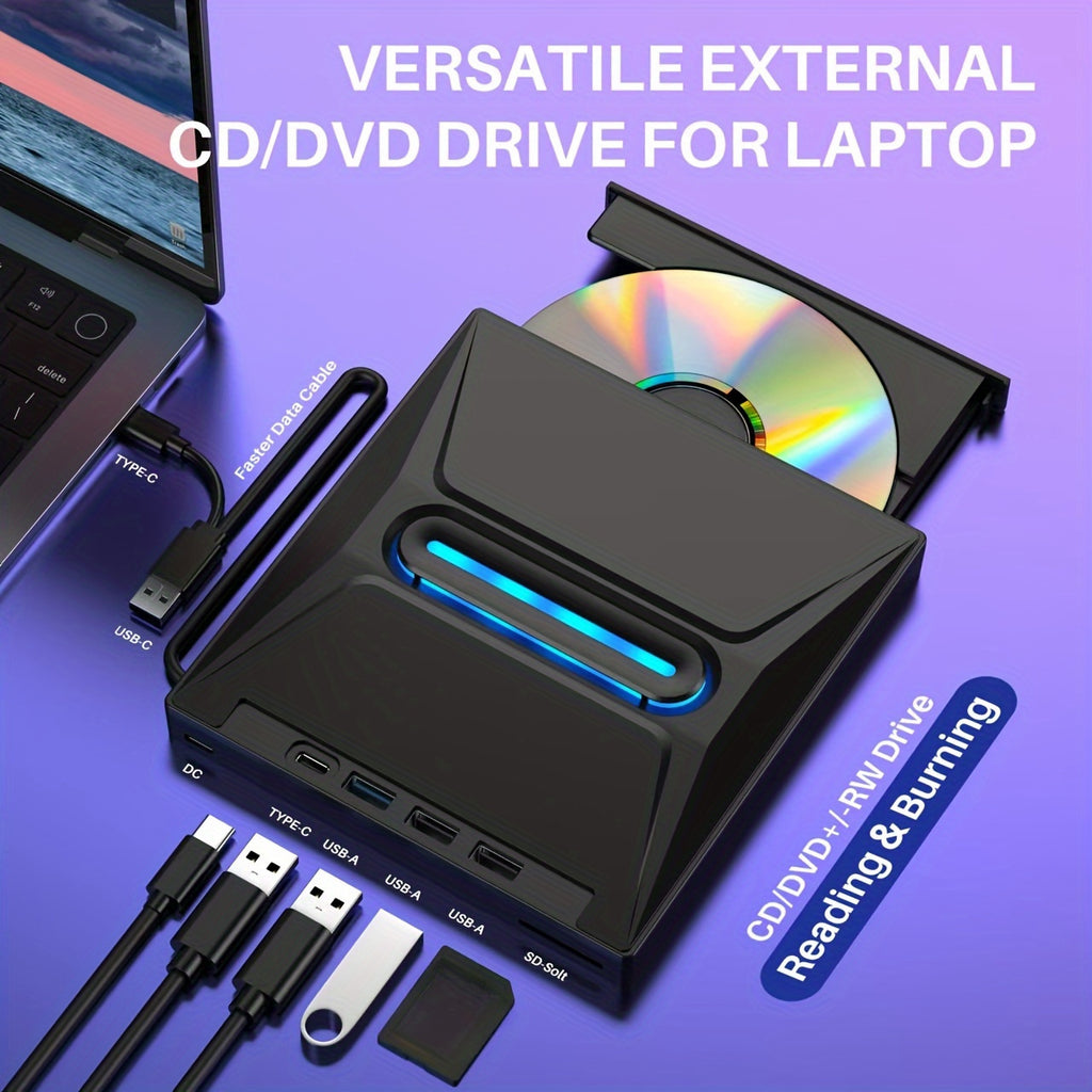 New 8-in-1 Luminous External CD DVD Drive, USB 3.0 Type-C Portable CD/DVD +/-RW Burner Player Hub With 3 USB Ports, TF/SD Card Reader, Compatible With Laptop Desktop PC Windows Linux OS