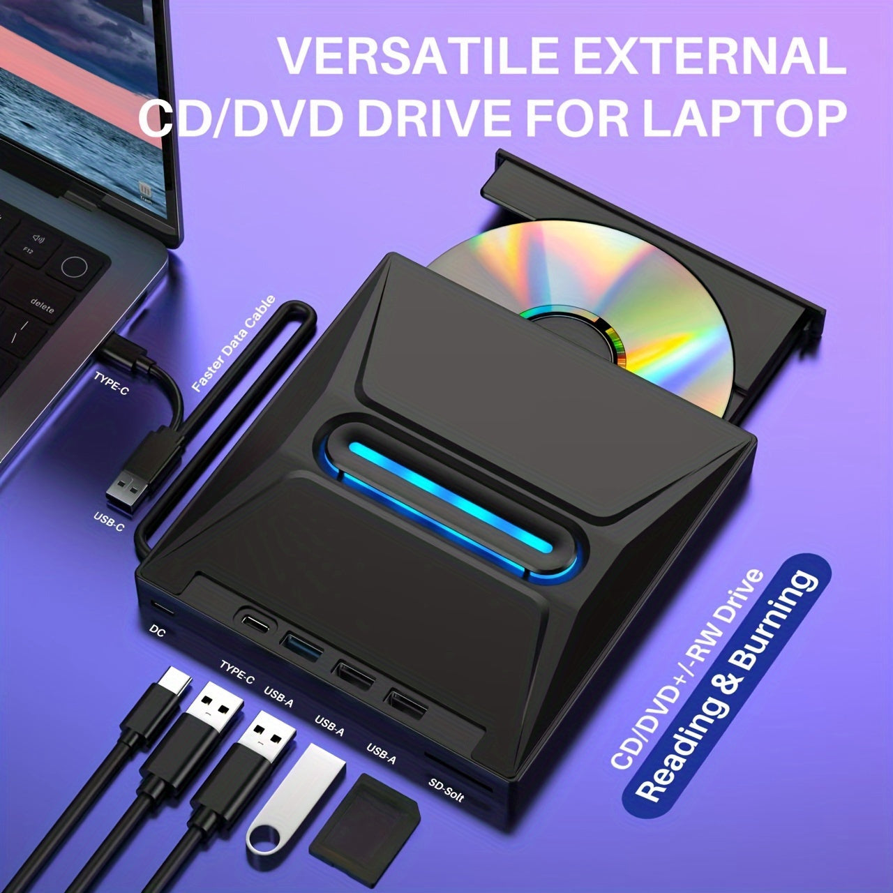 New 8-in-1 Luminous External CD DVD Drive, USB 3.0 Type-C Portable CD/DVD +/-RW Burner Player Hub With 3 USB Ports, TF/SD Card Reader, Compatible With Laptop Desktop PC Windows Linux OS