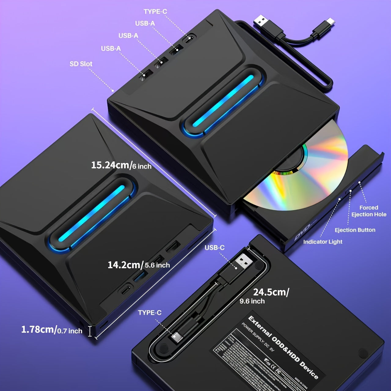 New 8-in-1 Luminous External CD DVD Drive, USB 3.0 Type-C Portable CD/DVD +/-RW Burner Player Hub With 3 USB Ports, TF/SD Card Reader, Compatible With Laptop Desktop PC Windows Linux OS