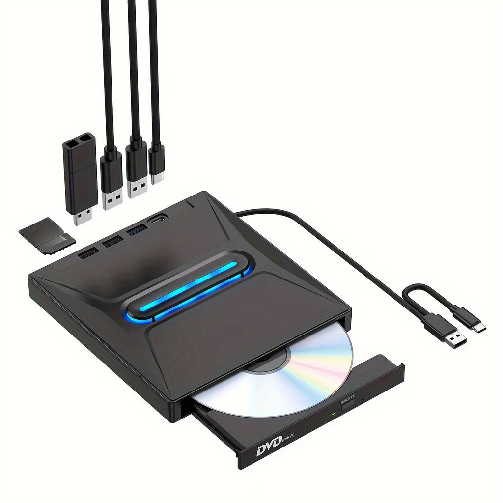 New 8-in-1 Luminous External CD DVD Drive, USB 3.0 Type-C Portable CD/DVD +/-RW Burner Player Hub With 3 USB Ports, TF/SD Card Reader, Compatible With Laptop Desktop PC Windows Linux OS