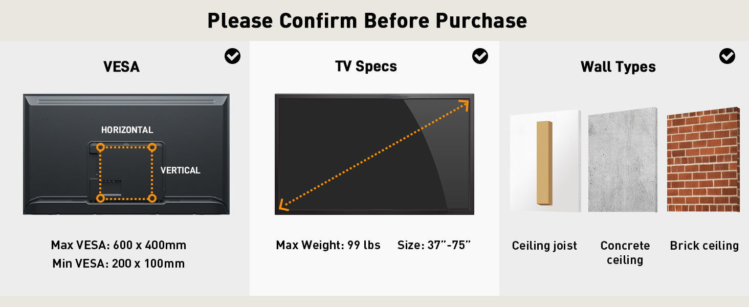 Black Ceiling TV Mount for 37-75/26-65inch Flat Or Curved TVs, 99lb/110lb Maximum Load Capacity, All-Around Adjustable Bracket with Swivel And Tilt, Max VESA 600x400mm/400x400mm