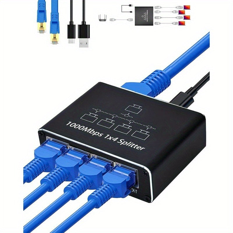 1000Mbps Network Splitter Adapter Gigabit, 1 to 4 Out Ethernet Cable High Speed LAN Internet Splitter with USB Power Cable, Extension Connector, Supports Four Devices Working Simultaneously 309021738