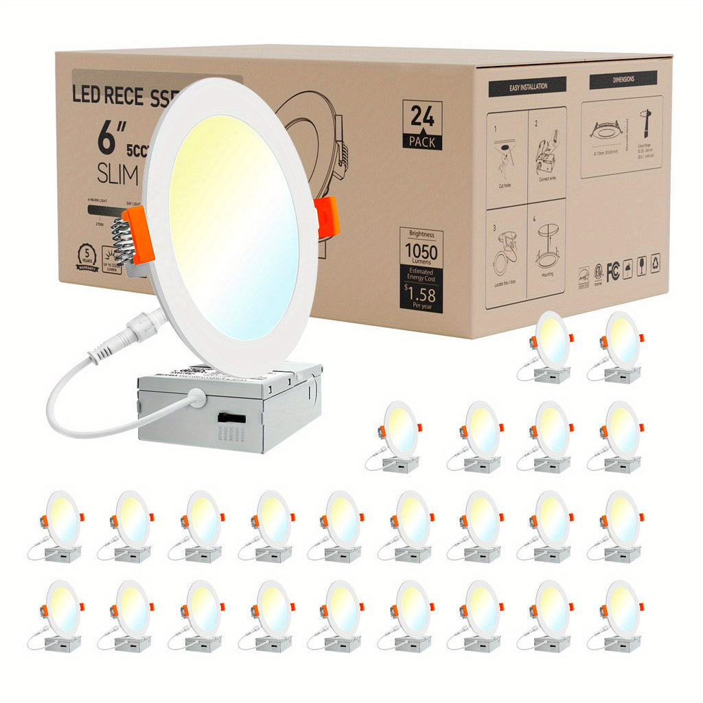 6-inch 5CCT LED Recessed Ceiling Light Junction Box, 2700K/3000K/3500K/4000K/5000K Options, 1050LM Brightness, Dimmable Slotless Crystal Cylinder Light, 12W-ETL&FCC