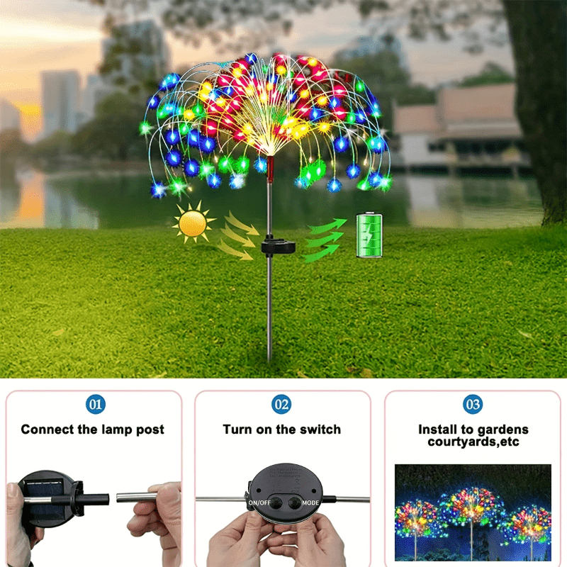 420LED Solar Garden Lights Solar Firework Lights, 8Mode Lighting Solar Lights Outdoor Intelligent Light Smart Sensor Switch for Garden Patio Walkway Pathway Party Wedding Decorative 360/200/60LED