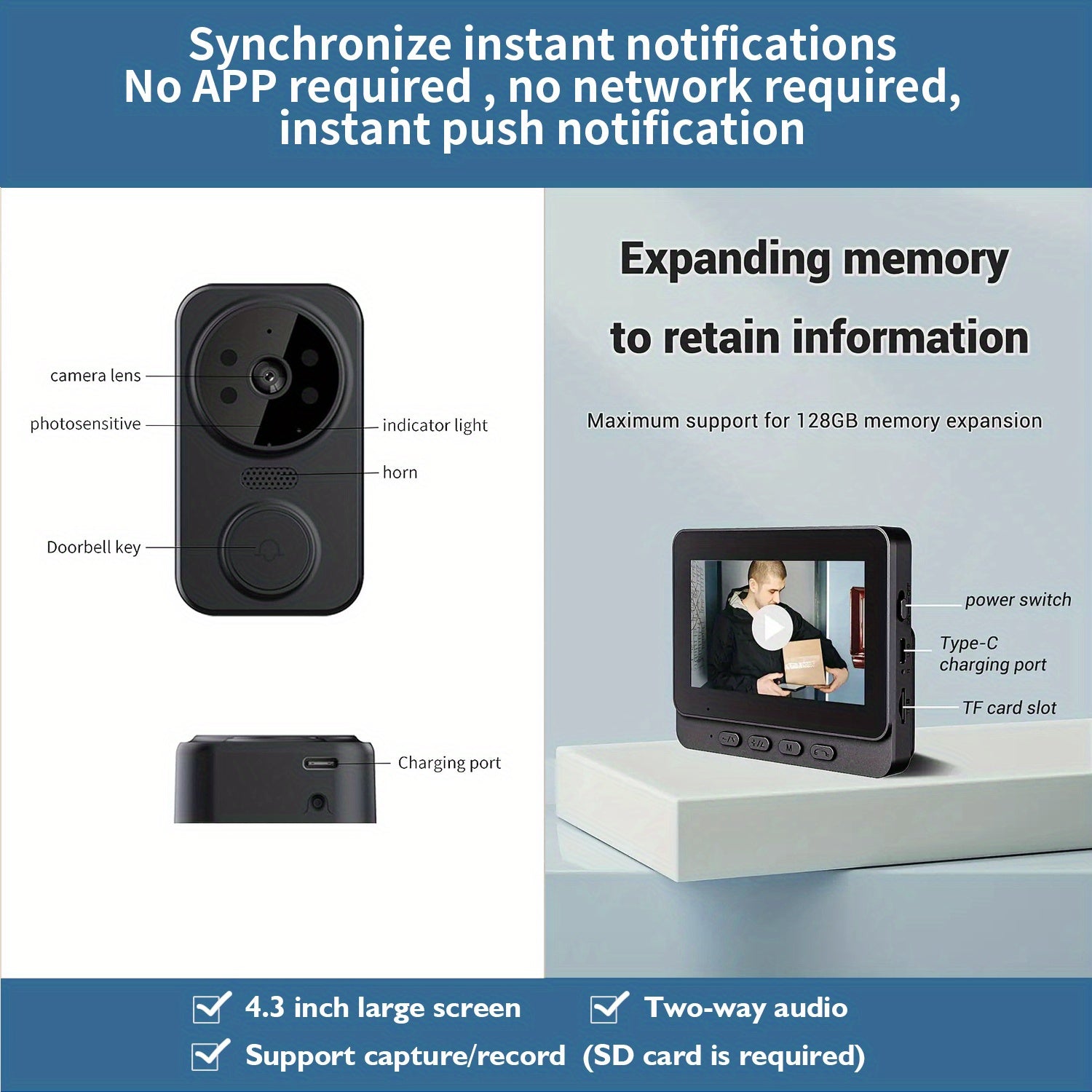 Smart Video Doorbell, Wireless Video Doorbell, Visual Doorbell Camera, 4.3-inch IPS 720P Monitor Screen Doorbell Camera with, Two-Way Audio, Enhanced Night Vision, Long Battery Life, Wall-Mounted, No Subscription, No WiFi Required, No App Required