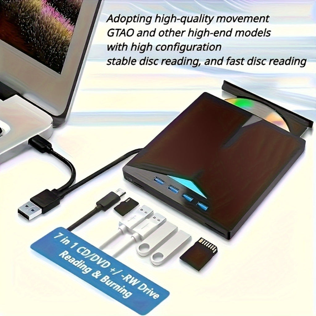 7-in-1 USB- External DVD Drive with 4 USB Ports & Dual TF/Sd Card Reader - High-Speed CD/DVD Burner Suitable for Laptops, Macs, PCs, Compatible for Windows 11/10/8/7, Linux, for, Office, Travel, USB- Operation