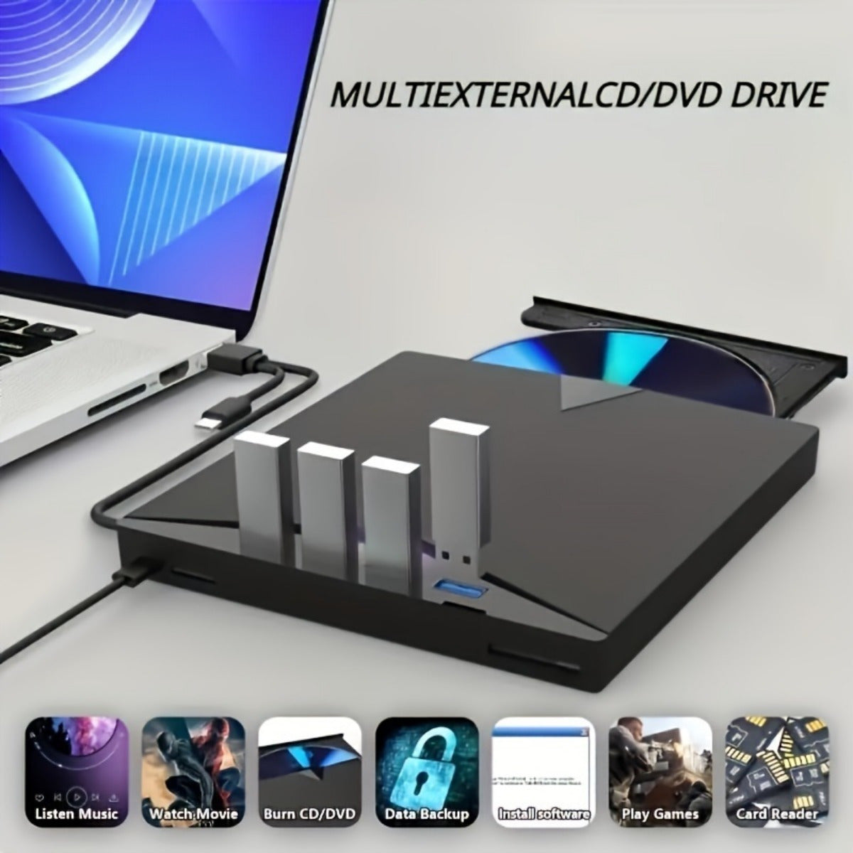 7-in-1 USB- External DVD Drive with 4 USB Ports & Dual TF/Sd Card Reader - High-Speed CD/DVD Burner Suitable for Laptops, Macs, PCs, Compatible for Windows 11/10/8/7, Linux, for, Office, Travel, USB- Operation