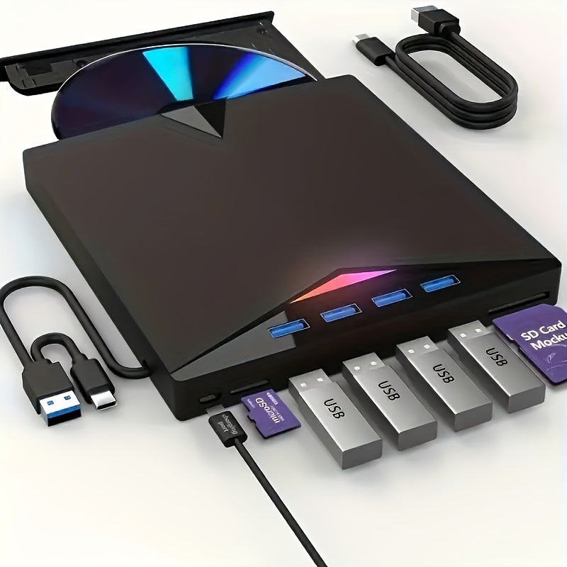 7-in-1 USB- External DVD Drive with 4 USB Ports & Dual TF/Sd Card Reader - High-Speed CD/DVD Burner Suitable for Laptops, Macs, PCs, Compatible for Windows 11/10/8/7, Linux, for, Office, Travel, USB- Operation