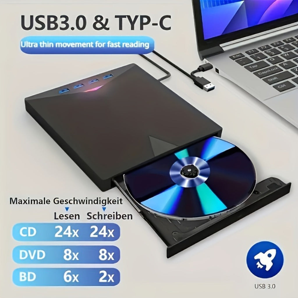 7-in-1 USB- External DVD Drive with 4 USB Ports & Dual TF/Sd Card Reader - High-Speed CD/DVD Burner Suitable for Laptops, Macs, PCs, Compatible for Windows 11/10/8/7, Linux, for, Office, Travel, USB- Operation