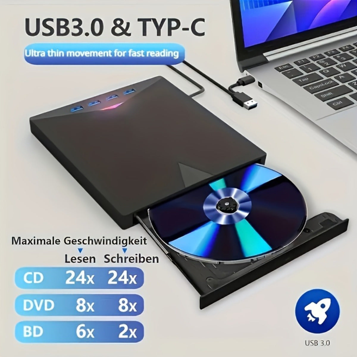 7-in-1 USB- External DVD Drive with 4 USB Ports & Dual TF/Sd Card Reader - High-Speed CD/DVD Burner Suitable for Laptops, Macs, PCs, Compatible for Windows 11/10/8/7, Linux, for, Office, Travel, USB- Operation