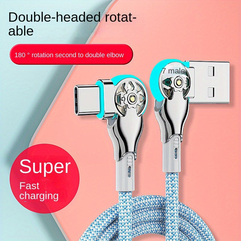 Fast Charging Data Cable 90 Degree Cable, 6.56FT 2M Left&Right Angle Type-C with Light Double Elbow Rotation 65W Flash Charging Is Suitable for Phone, Samsung Car Universal Android Mobile Phone Charging Cable