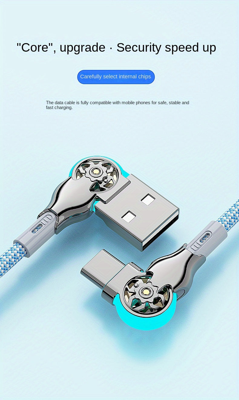 Fast Charging Data Cable 90 Degree Cable, 6.56FT 2M Left&Right Angle Type-C with Light Double Elbow Rotation 65W Flash Charging Is Suitable for Phone, Samsung Car Universal Android Mobile Phone Charging Cable