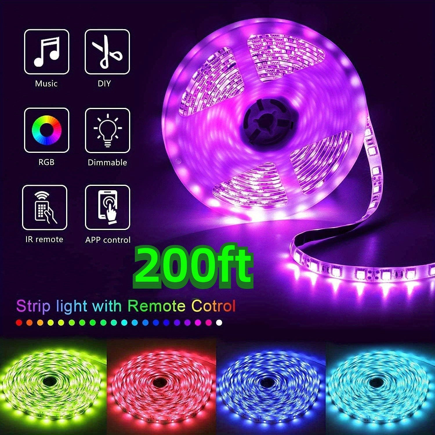200ft Smart LED Strip Lights, 16 Million Colors, Music Sync Color Changing RGB Strip, Remote & App Control, Timer Function, for Room Decor, Party Decor, Birthday Decor, Halloween, Christmas, Valentine's Day And New Year Decor
