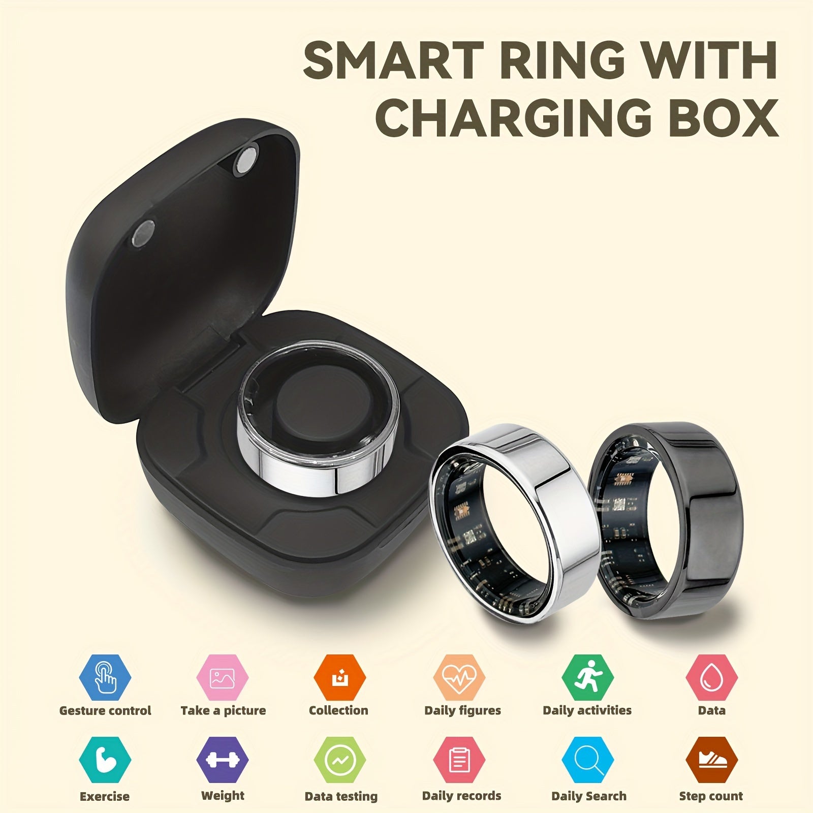 New Smart Ring with Charging Compartment, Fitness, Steps, Distance, Calories, Sleep, Exercise, Compatible with Iphone And Android, USB Charging, Ideal Valentine'S Day/Christmas/New Year Gift