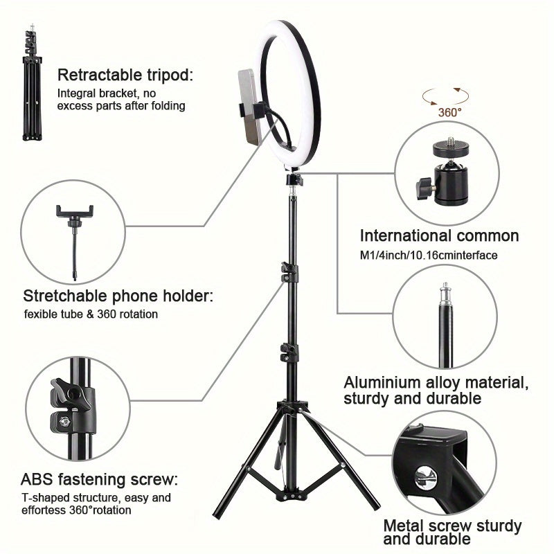 10 Inch Selfie Ring Light with And 2phone Clips & Folding Tripod Stand for Phone Selfie Camera Studio Video Dimmable Tripod Stand White