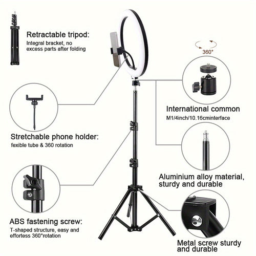 10 Inch Selfie Ring Light with And 2phone Clips & Folding Tripod Stand for Phone Selfie Camera Studio Video Dimmable Tripod Stand White