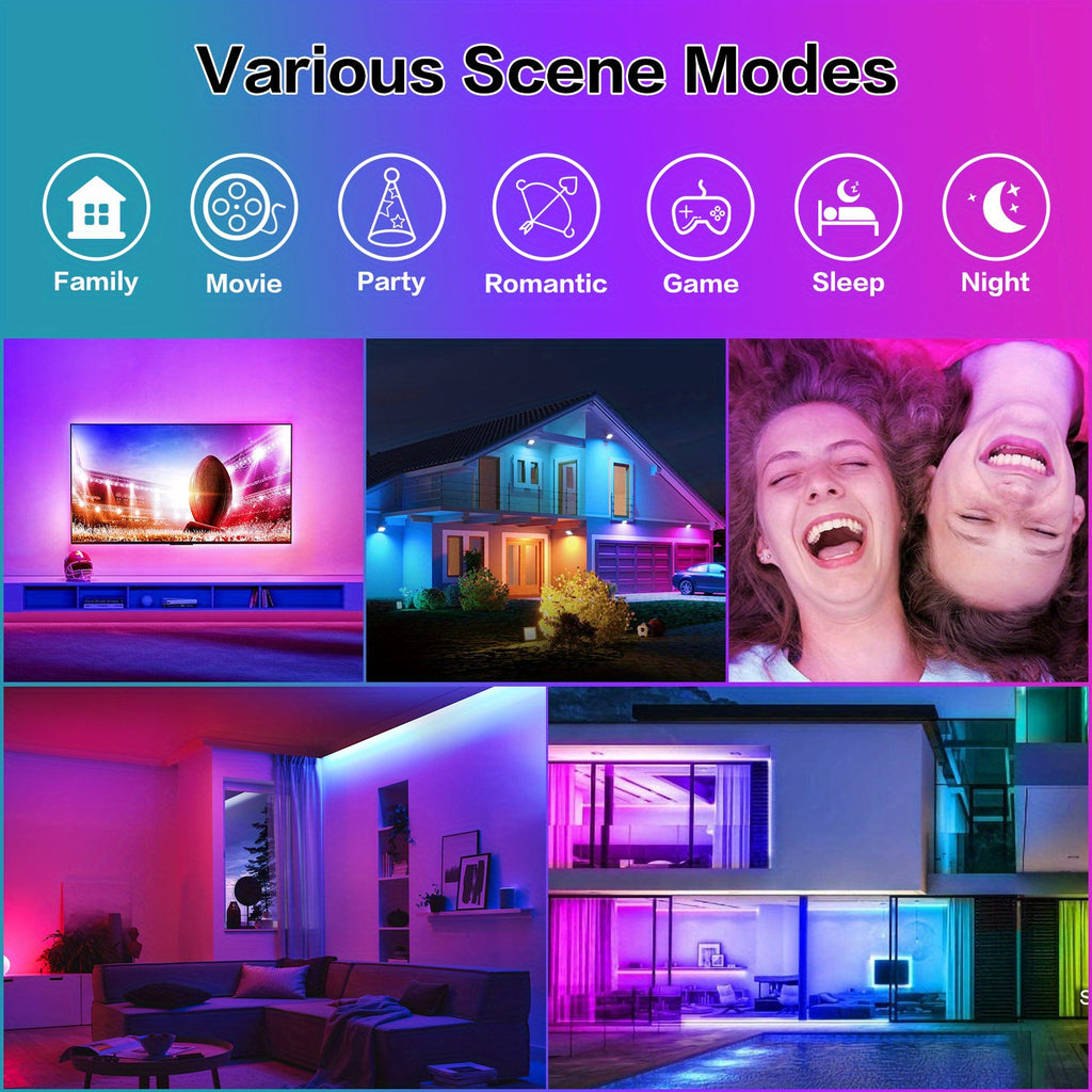 25FT/50FT/60FT/65FT/100FT RGB LED Light Strip, Wireless Music, Synchronized Color Change, Smart APP Control, Remote Control, Infrared Sensing, USB Power Supply, Bedroom Party Room Lighting, Halleween Decoration