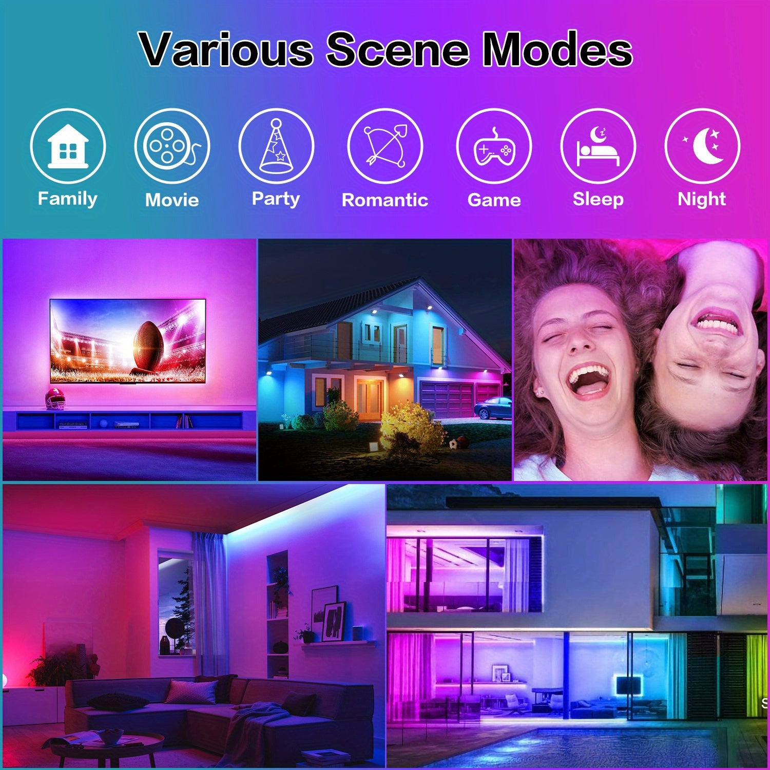 25FT/50FT/60FT/65FT/100FT RGB LED Light Strip, Wireless Music, Synchronized Color Change, Smart APP Control, Remote Control, Infrared Sensing, USB Power Supply, Bedroom Party Room Lighting, Halleween Decoration