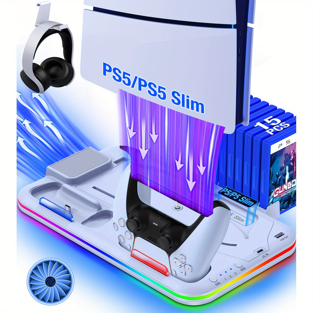 For PS5 Stand Cooling Fan for PS5 Slim, PS5 digital & disc verdion Stand and Cooling Station with Controller Charging Station for PS5 Slim, for PS5 Accessories RGB Light, 15 Game Storage