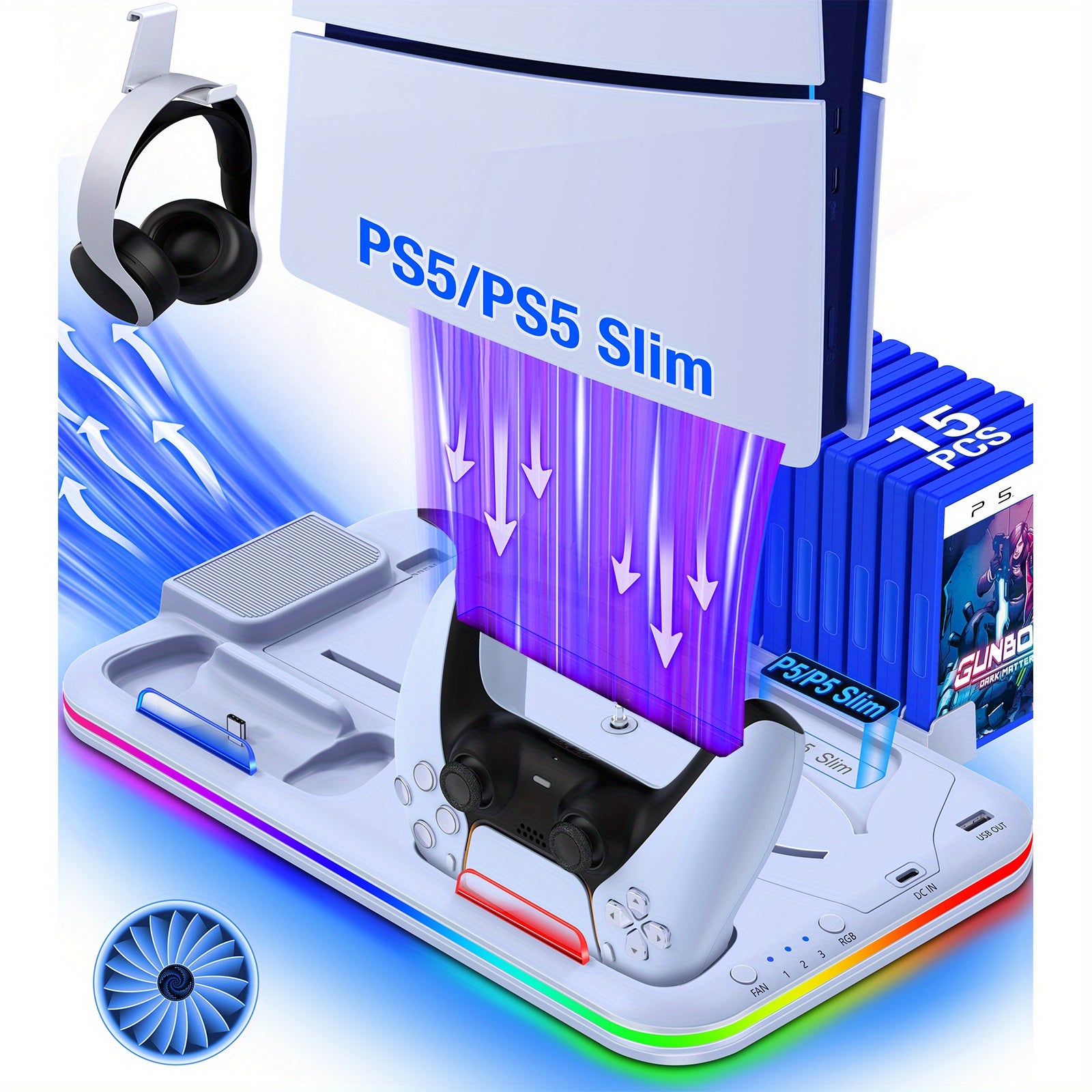 For PS5 Stand Cooling Fan for PS5 Slim, PS5 digital & disc verdion Stand and Cooling Station with Controller Charging Station for PS5 Slim, for PS5 Accessories RGB Light, 15 Game Storage