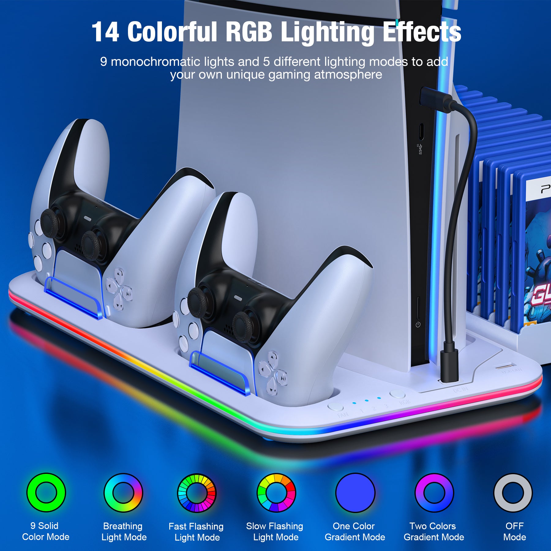 For PS5 Stand Cooling Fan for PS5 Slim, PS5 digital & disc verdion Stand and Cooling Station with Controller Charging Station for PS5 Slim, for PS5 Accessories RGB Light, 15 Game Storage
