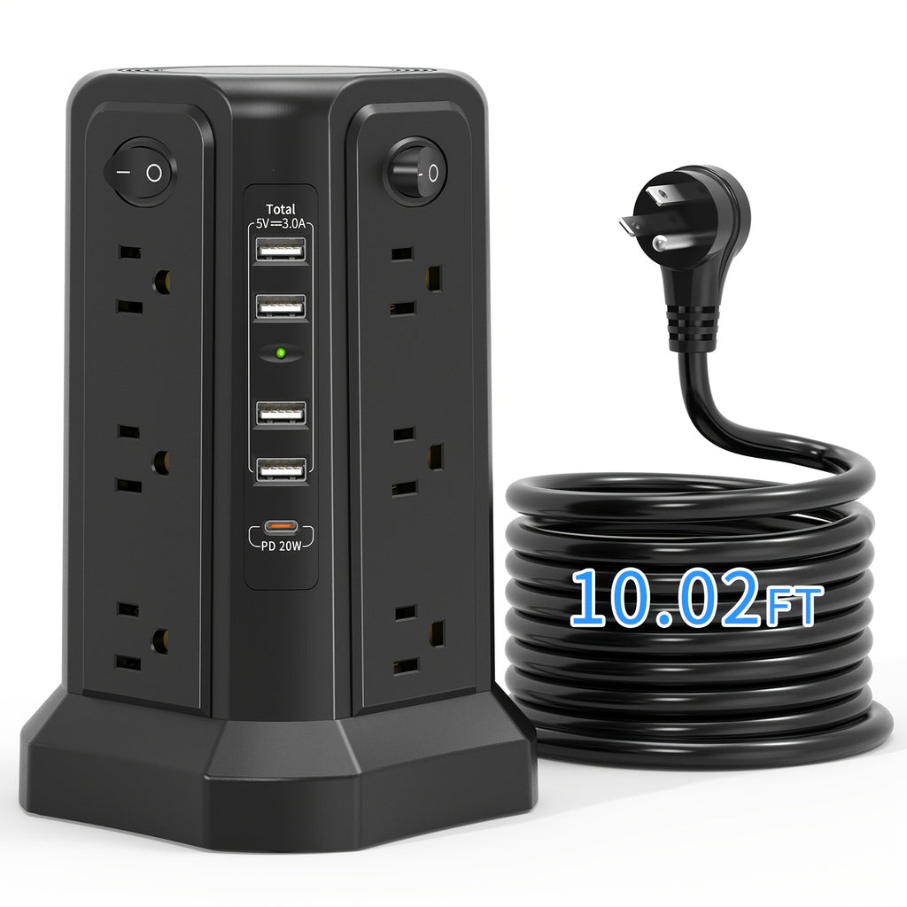 Angled Flat Plug 12 AC Outlets Power Strip Tower with USB C Port(PD18W/PD20W), Surge Protector Power Tower with 5 USB Ports, Extension Cord Desktop Power Strip for Home Office DormRoom