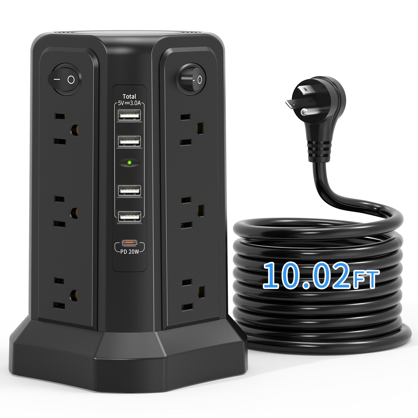 Angled Flat Plug 12 AC Outlets Power Strip Tower with USB C Port(PD18W/PD20W), Surge Protector Power Tower with 5 USB Ports, Extension Cord Desktop Power Strip for Home Office DormRoom