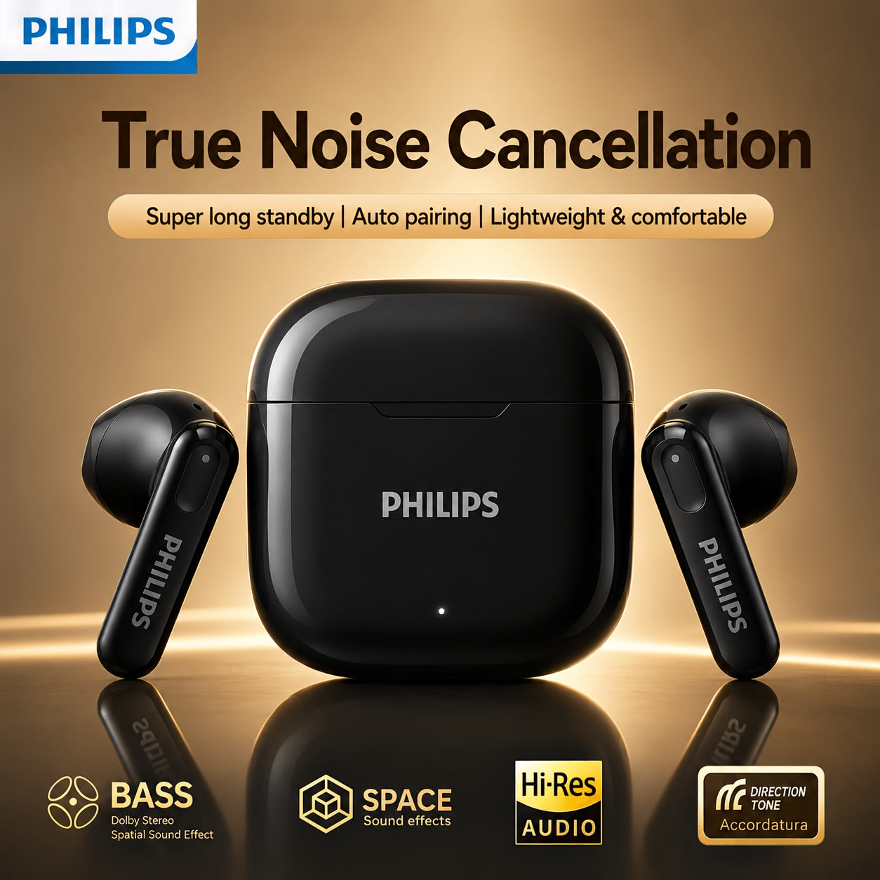 PHILIPS Wireless Earphone Mini Sport Earbuds Wireless Stereo Headphone Noise-Canceling, Comfortable Wear for Android
