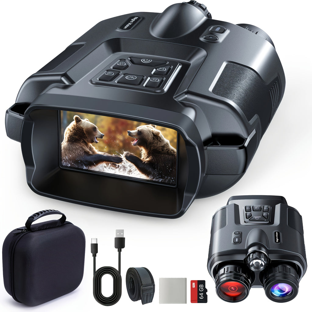 4K Digital Infrared Night Vision Binoculars, 5000mAh High-capacity Lithium-ion Battery, 3-inch Ultra-high-definition Display, Backlit Buttons, 8x Digital Zoom, 5x Optical Zoom, 64GB Memory Card with Tactical Illuminated Fill-in Light, for Hunting