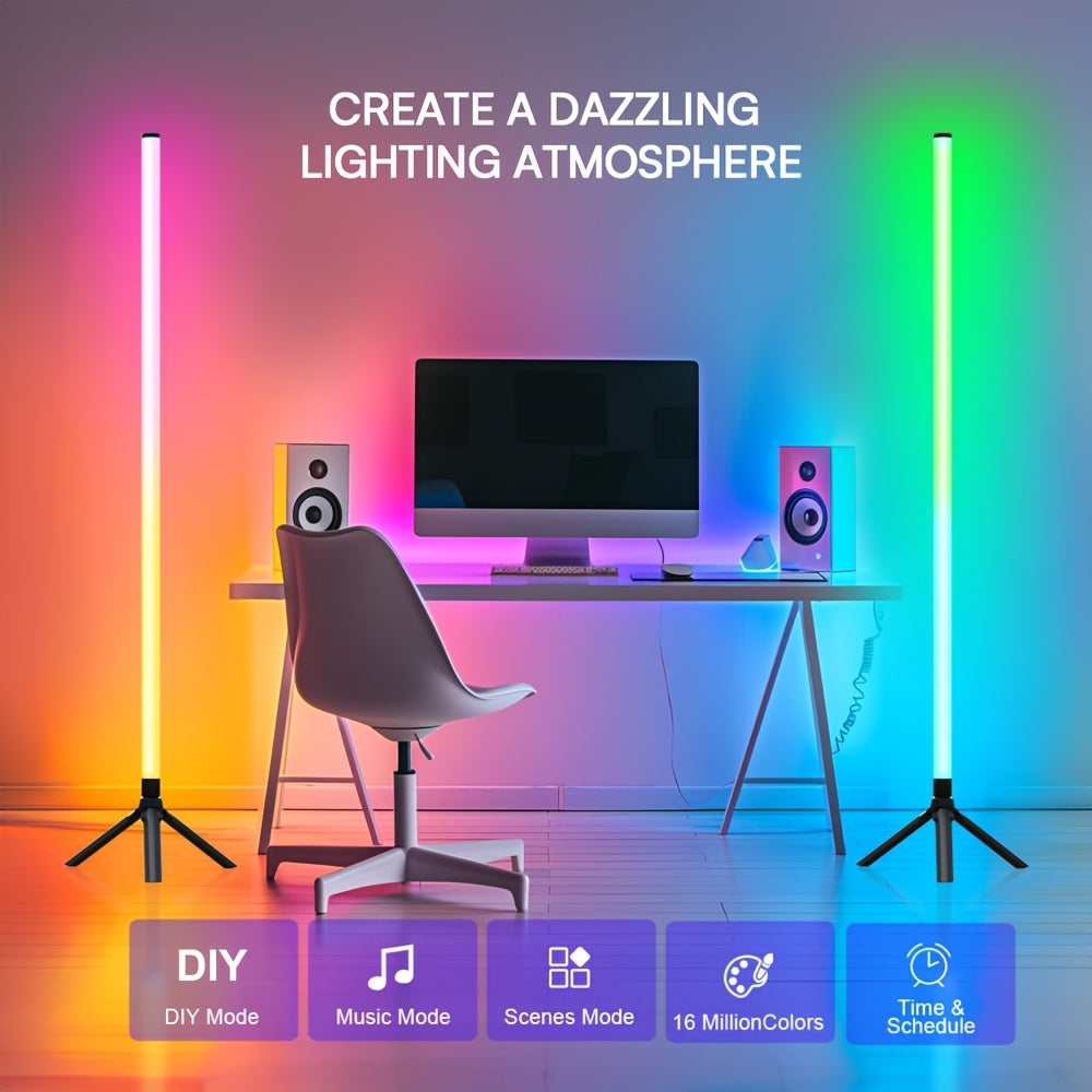 [Christmas Halloween] LED 1/ 2 Pack Corner Floor Light - 16 Million Color-Changing, RGB Smart Modern Light Adjustable 55.9 Inches Approx 142 Cm, with Remote And APP Control, USB Power, Four Modes, Set to Music, Game Room, Christmas And Halloween Decoratio