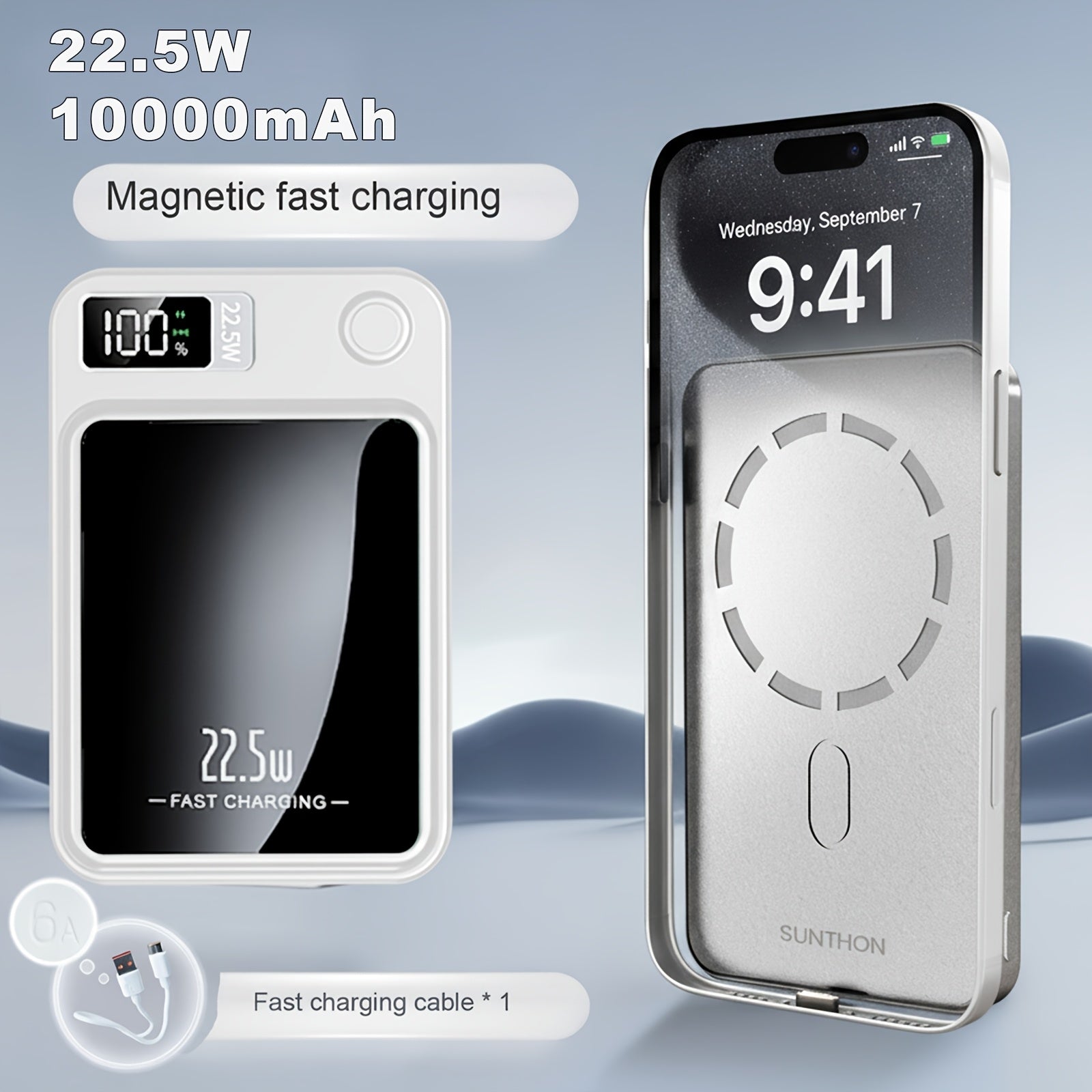 Sunthon Magnetic Wireless Charging Power Bank, 10000/5000mAh Portable Wireless Charger, 22.5W/PD20W Fast Charging Battery Pack, with LED Power Display, 2 Outputs And Dual Input External Battery Pack for iPhone 17/16/15/14/13/12 And Android Universal