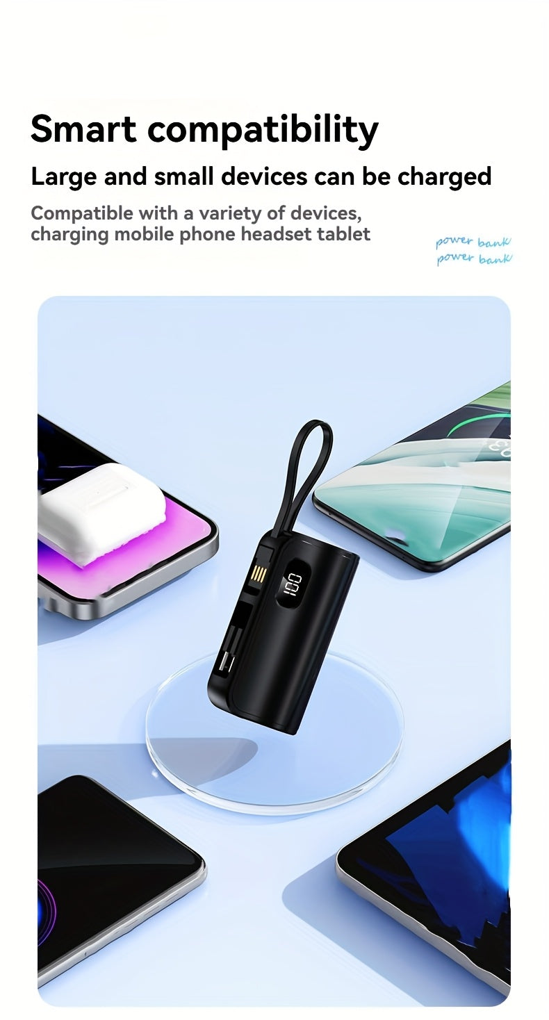 6000mAh Compact Power Bank, LCD Digital Display Battery Pack, Includes Charging Head and 22.5W Fast Charging Cable, Suitable for iPhone and USB-C Phones