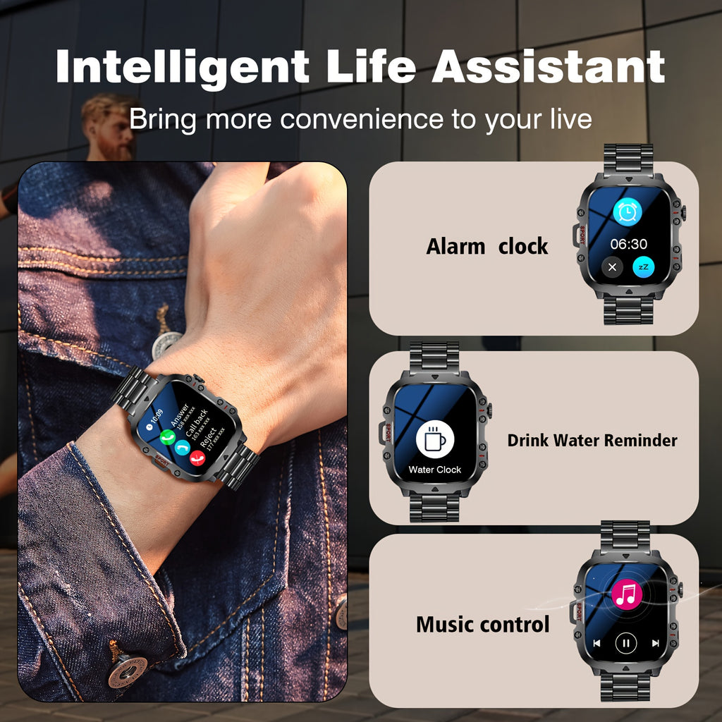 [Perfect Holiday Gift] Men's Outdoor Smart Watch - 4.6 Cm, HD Touchscreen, Outdoor Sports Watch LED, Wireless Calling, USB Charging, Multiple Sports Modes, Compatible with Android And Iphone, Perfect Holiday Gift (Black)