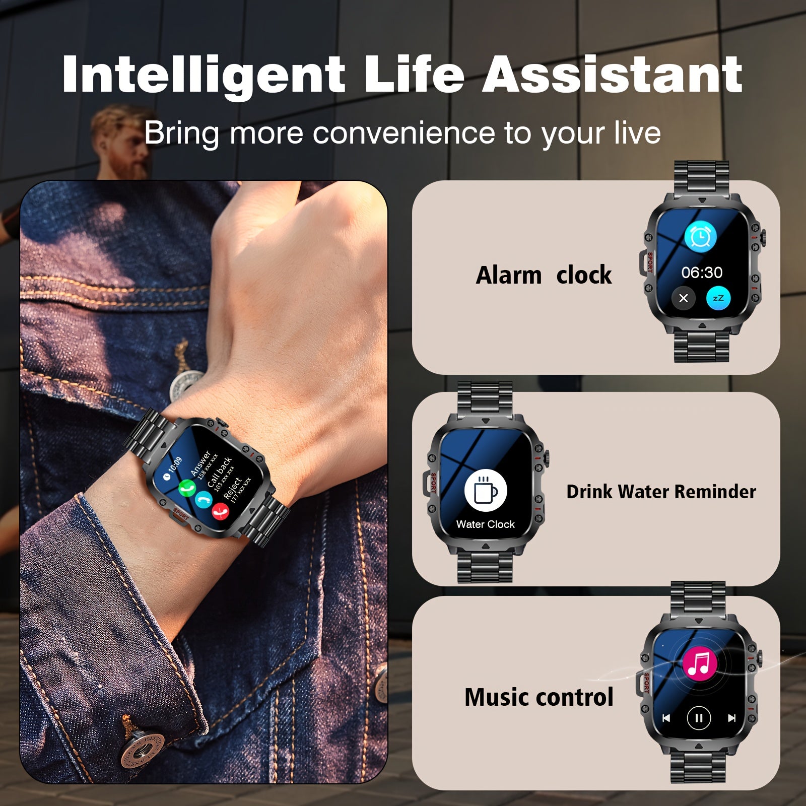 [Perfect Holiday Gift] Men's Outdoor Smart Watch - 4.6 Cm, HD Touchscreen, Outdoor Sports Watch LED, Wireless Calling, USB Charging, Multiple Sports Modes, Compatible with Android And Iphone, Perfect Holiday Gift (Black)