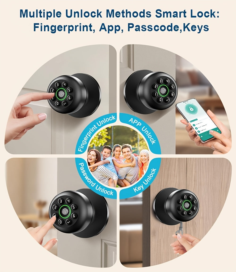 Fingerprint Door Lock, Smart Fingerprint Door Knob with Keypad, Biometric Door Lock with App Control, Auto Lock Door Lock with Code, Keyless Door Knob with Lock for Bedroom, Home, Office-Matte Black