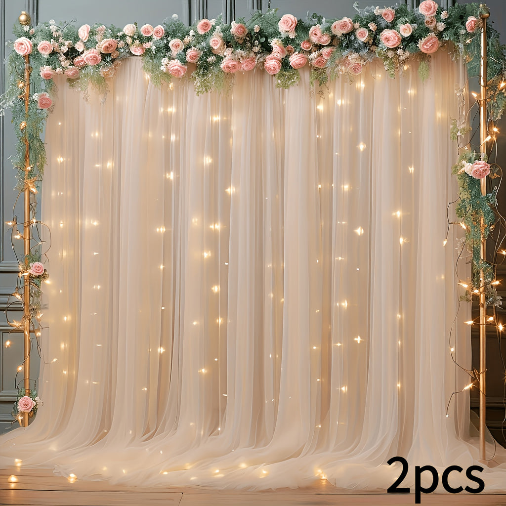 2pcs Photo Booth Props 5.2X10Ft Champagne Tulle Backdrop Non-Porous Tulle with String Lights for Party, Sheer Curtain Backdrop Wedding for Party Home Decoration