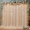2pcs Photo Booth Props 5.2X10Ft Champagne Tulle Backdrop Non-Porous Tulle with String Lights for Party, Sheer Curtain Backdrop Wedding for Party Home Decoration