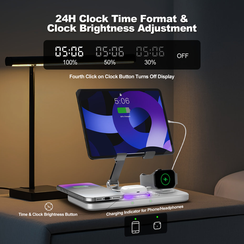 Wlpower 6-In-1 Wireless Charging Station for Multiple Devices with Clock Display And Atmosphere Light, 15W Max Fast Charging Dock with Tablet Stand, for Iphone 17/17 Air 16 15 14 13 12 Plus Pro Max, for Airpods And for Iwatch Series, Christmas Gifts