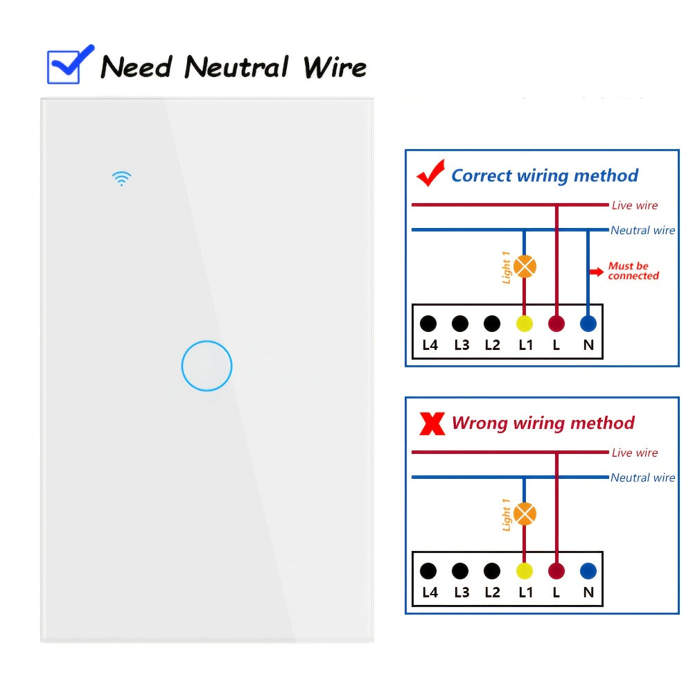 Premium Scratch-Resistant Glass Smart Wall Switch, WiFi + Bluetooth Touch Screen Light Switch (1-4 Gang), Voice Control, 600W/Gang (Neutral Required)