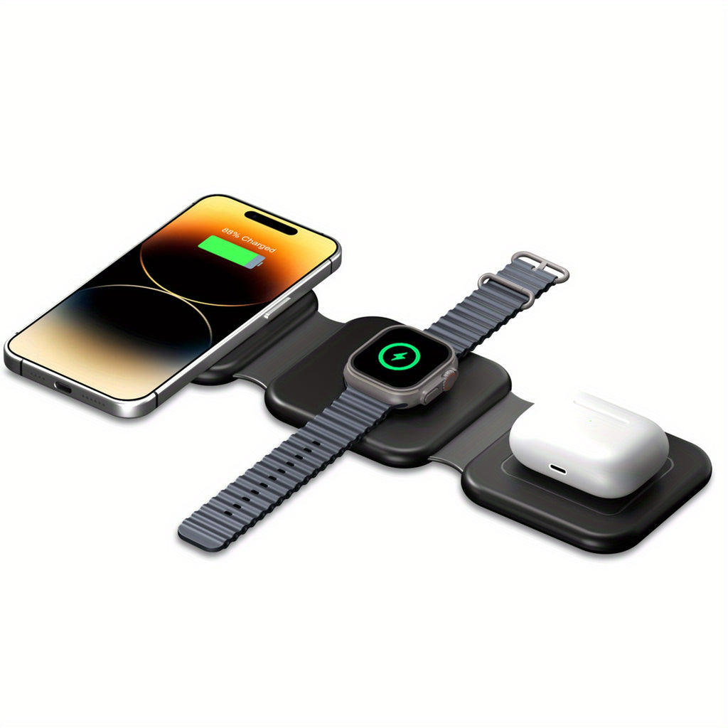 3-In-1 Magnetic Wireless Charger, Foldable Wireless Charging Station, Fast Charging Stand, Travel Charger Stand for Iphone 17/17 Air/16/15/14/13/12/Pro/Pro Max/Plus, for Iwatch 2-11 SE Ultra Series, for Airpods 2 3 Pro
